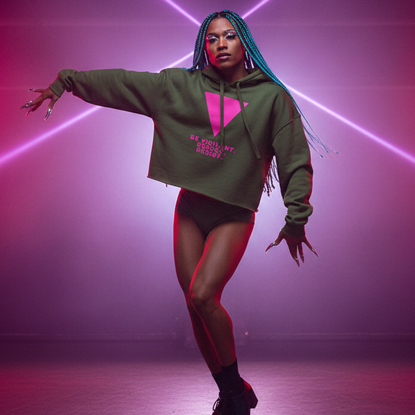 Olive green crop hoodie with “Be Vigilant. Refuse. Resist.” and pink triangle, worn by a queer dancer in bold neon-lit style.