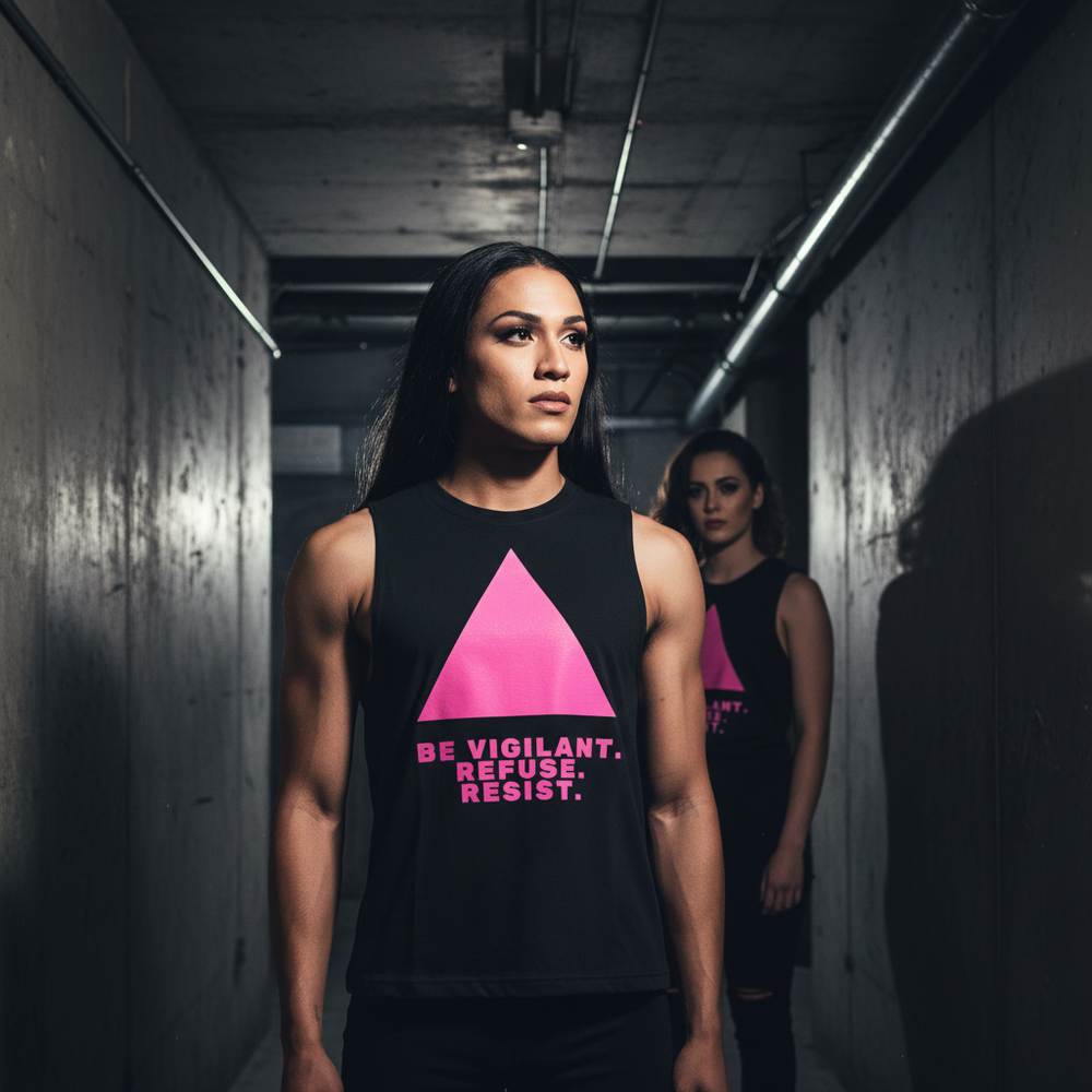 Be Vigilant. Refuse. Resist. muscle tops with pink triangles worn by two people in a dim hallway; one focused