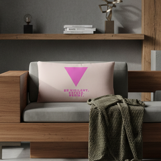 Gray wooden-framed sofa with pink Be Vigilant. Refuse