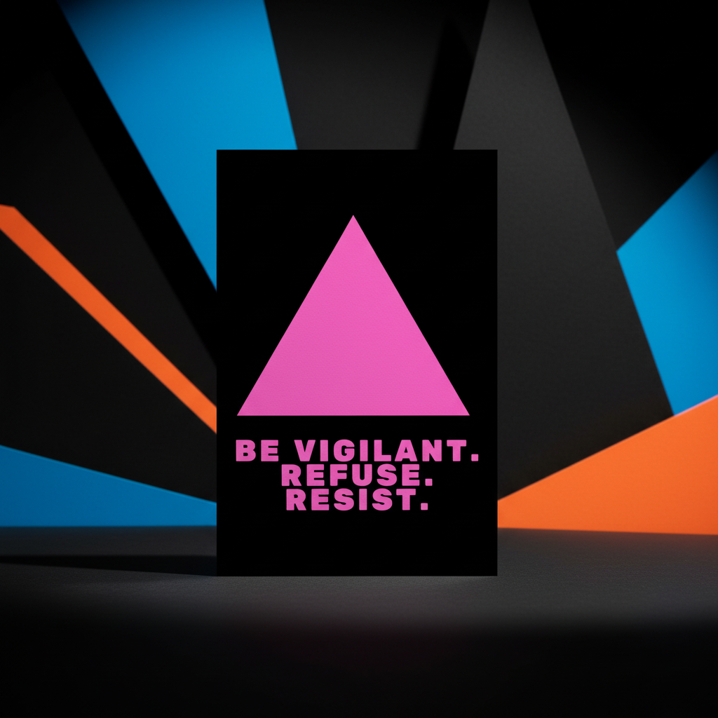 Postcard with a black background, bold pink Be Vigilant. Refuse