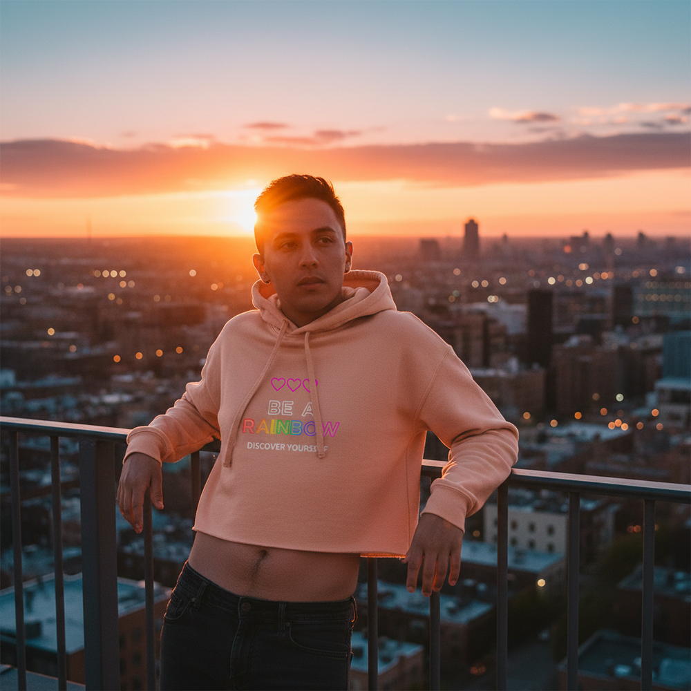 Be Yourself Crop Hoodie reads "BE A RAINBOW DISCOVER YOURSELF"
