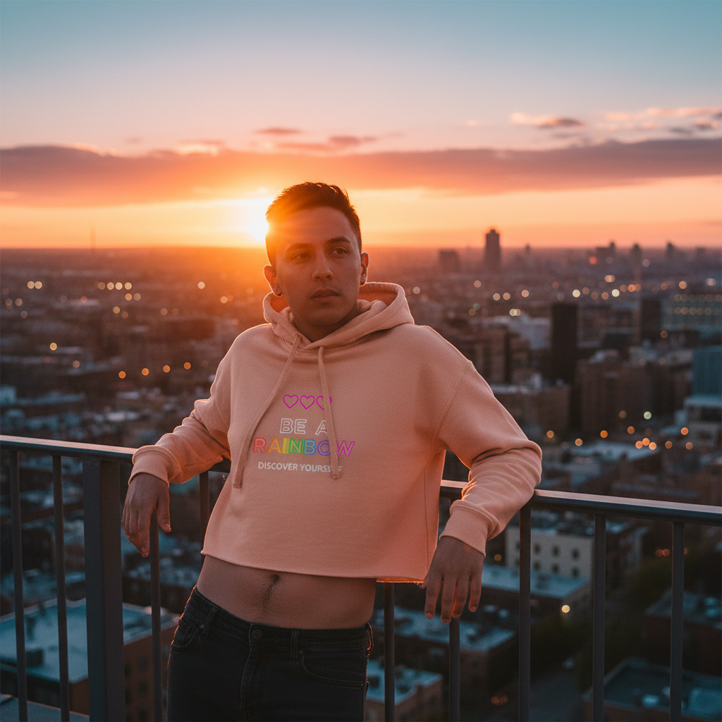 Be Yourself Crop Hoodie reads "BE A RAINBOW DISCOVER YOURSELF"