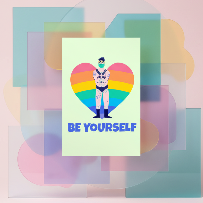 Be Yourself Postcard shows a blue bearded, tattooed person in shades inside a rainbow heart