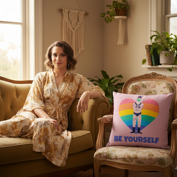 Person in gold floral robe smiles on vintage sofa. Nearby, a chair has the 