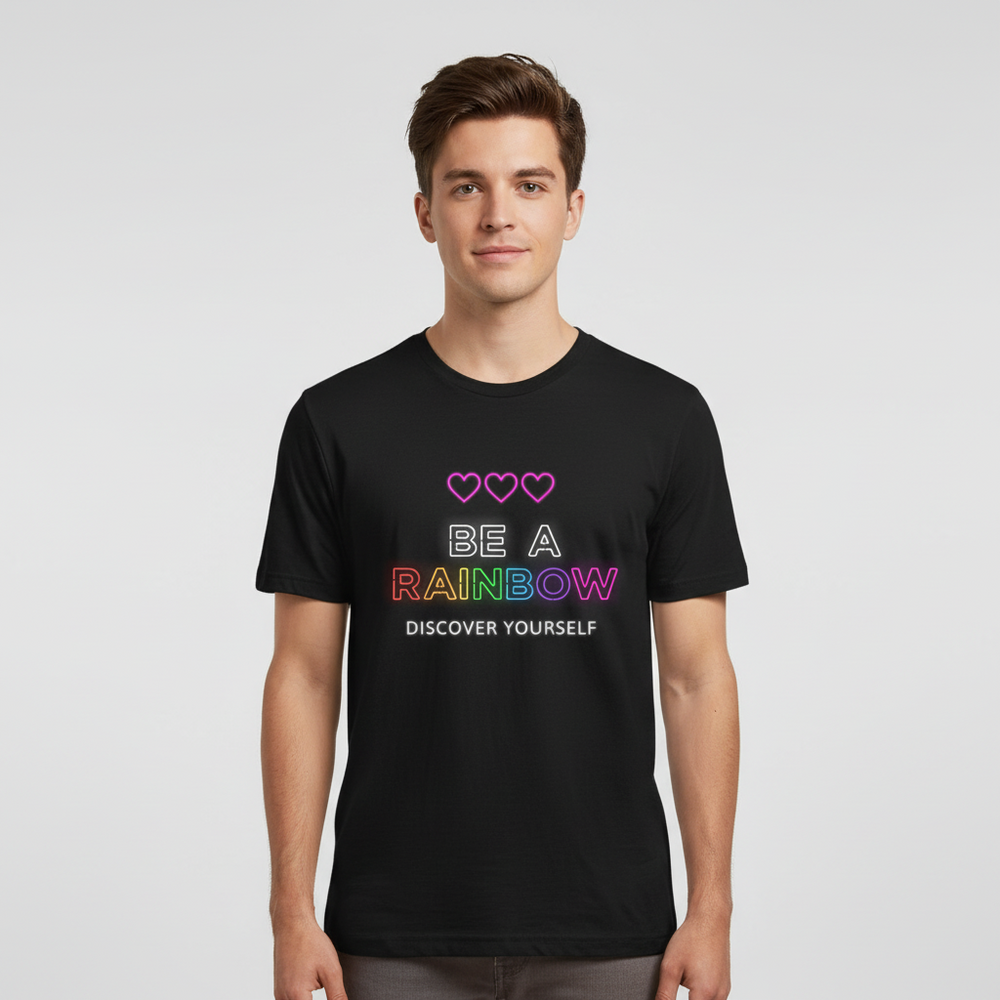 Be Yourself Unisex T-shirt: soft black cotton, three outlined pink hearts, “BE A RAINBOW” in rainbow text