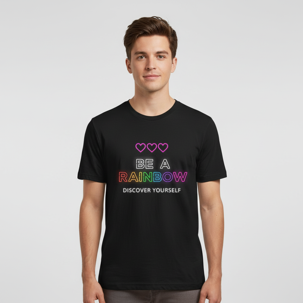 Be Yourself Unisex T-shirt: soft black cotton, three outlined pink hearts, “BE A RAINBOW” in rainbow text