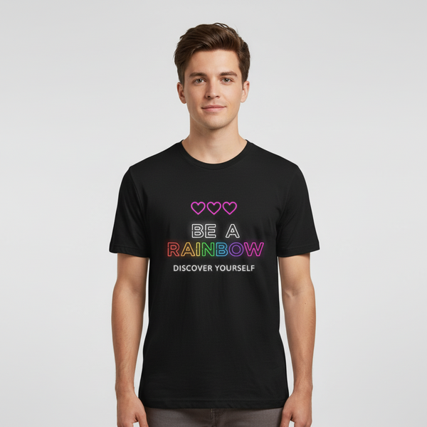 Be Yourself Unisex T-shirt: soft black cotton, three outlined pink hearts, “BE A RAINBOW” in rainbow text