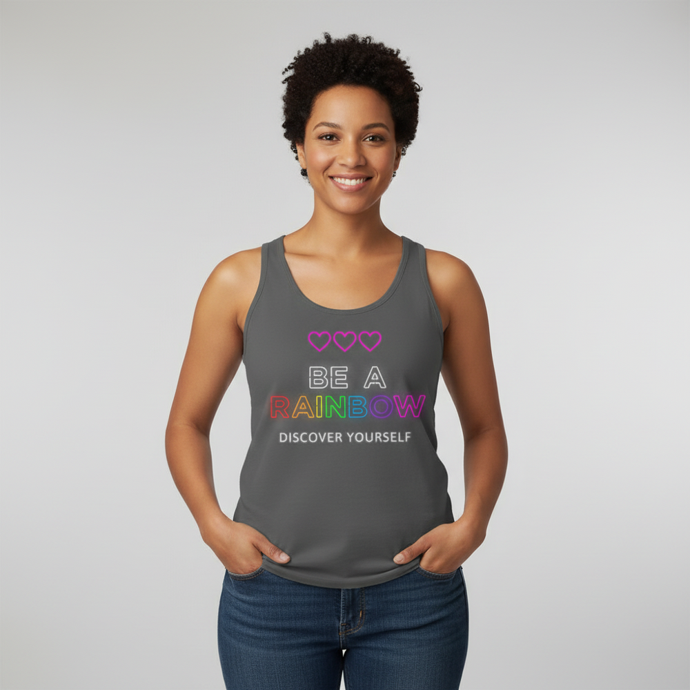 Be Yourself unisex dark gray tank top with three pink hearts and “BE A RAINBOW DISCOVER YOURSELF” in rainbow letters.