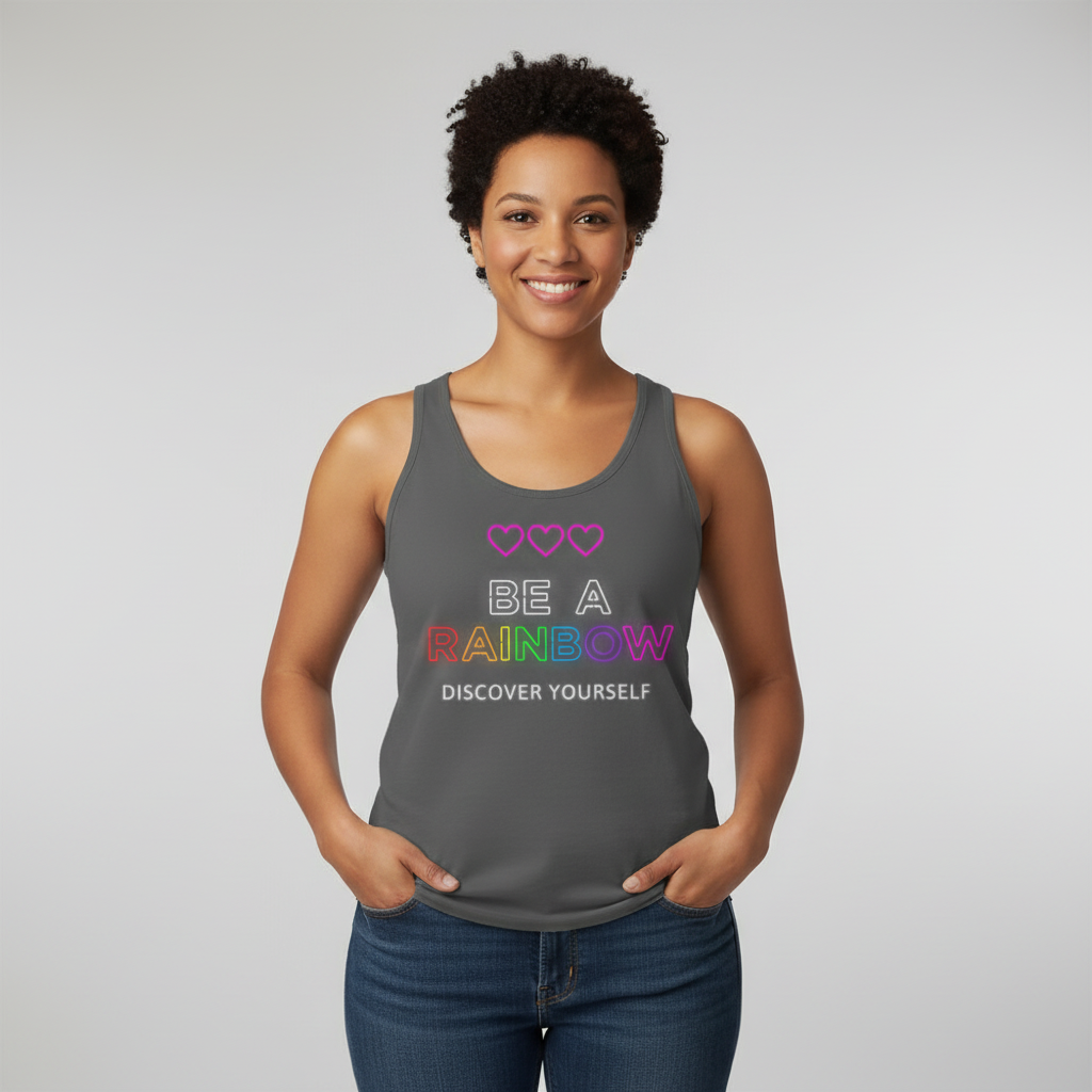 Be Yourself unisex dark gray tank top with three pink hearts and “BE A RAINBOW DISCOVER YOURSELF” in rainbow letters.