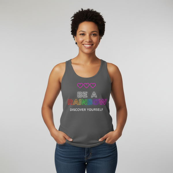 Be Yourself unisex dark gray tank top with three pink hearts and “BE A RAINBOW DISCOVER YOURSELF” in rainbow letters.