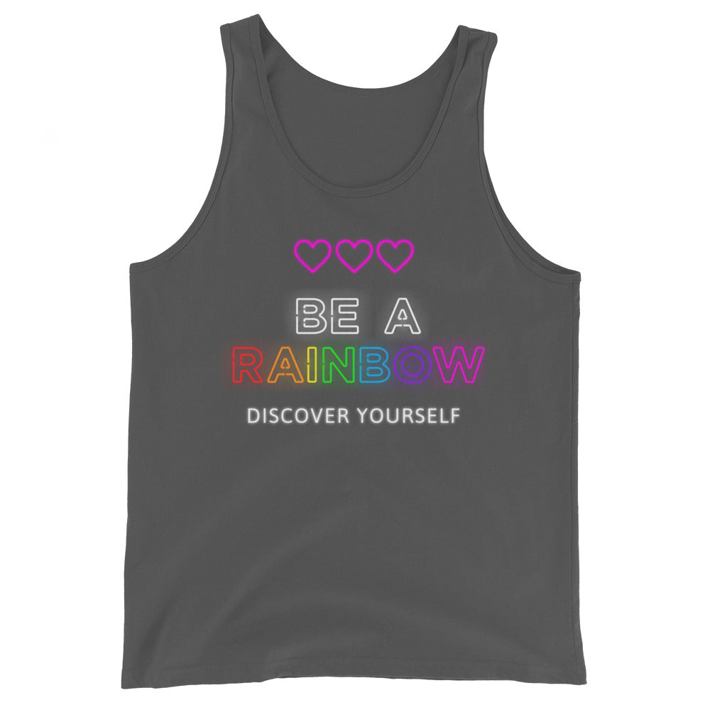 Front view of a charcoal tank top reading “BE A RAINBOW DISCOVER YOURSELF” with three hearts