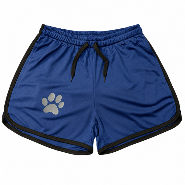 Blue bear pride paw-print shorts with black trim and drawstring waist