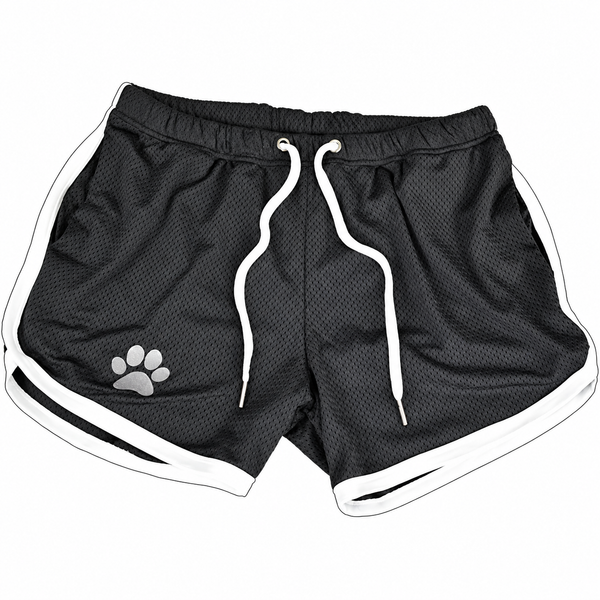 Black mesh bear paw shorts with white trim and drawstring