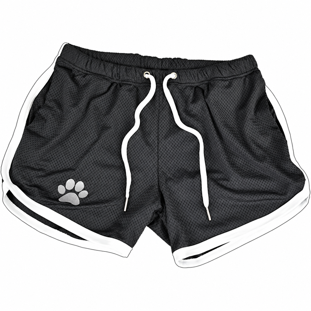 Black mesh bear paw shorts with white trim and drawstring