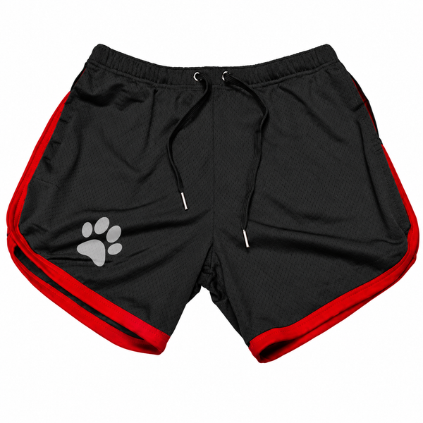 Black bear paw shorts with red trim, drawstring waist, and gray paw-print detail