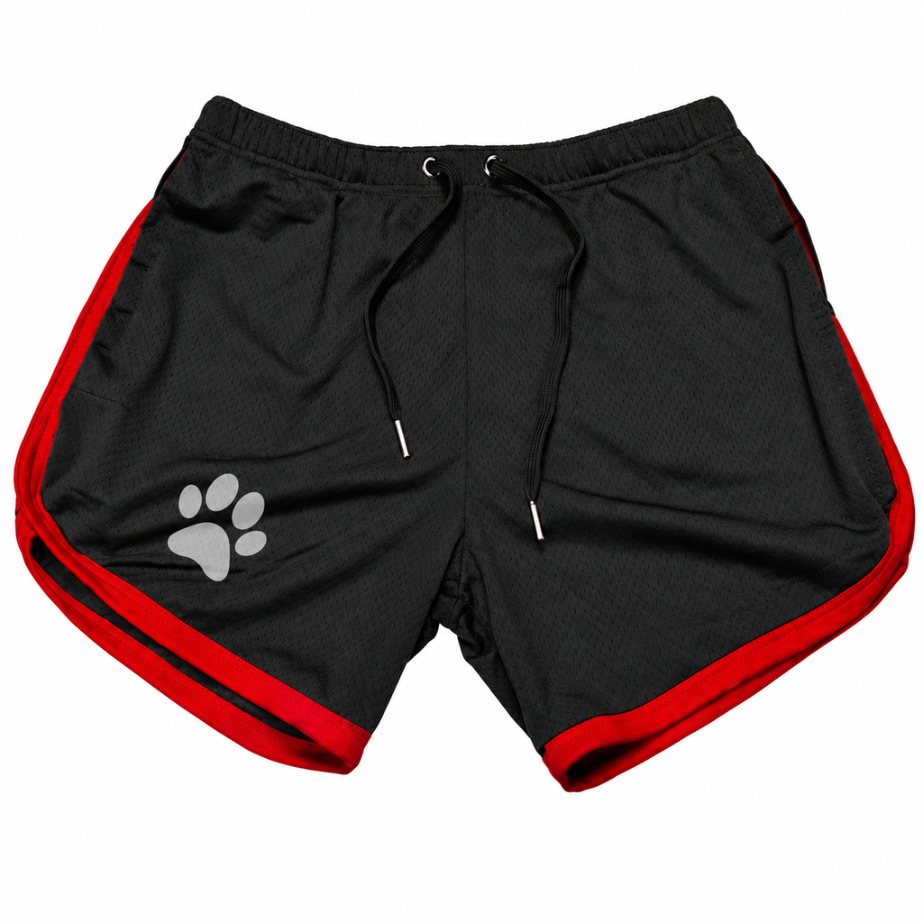 Black bear paw shorts with red trim, drawstring waist, and gray paw-print detail