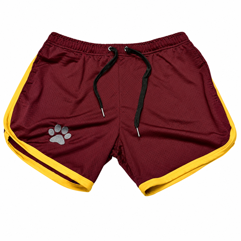 Bear pride paw shorts in burgundy with yellow side stripes and a paw-print emblem