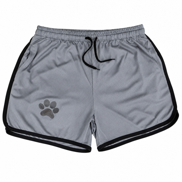 Gray bear pride shorts with black trim, drawstring waist, and paw-print detail