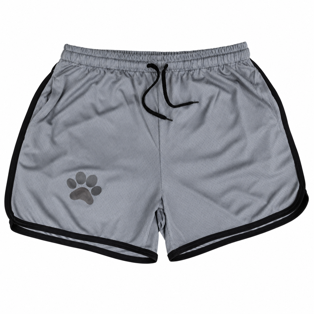 Gray bear pride shorts with black trim, drawstring waist, and paw-print detail