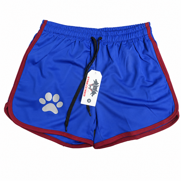 Blue athletic shorts with red trim, black drawstring, and a gray paw-print graphic