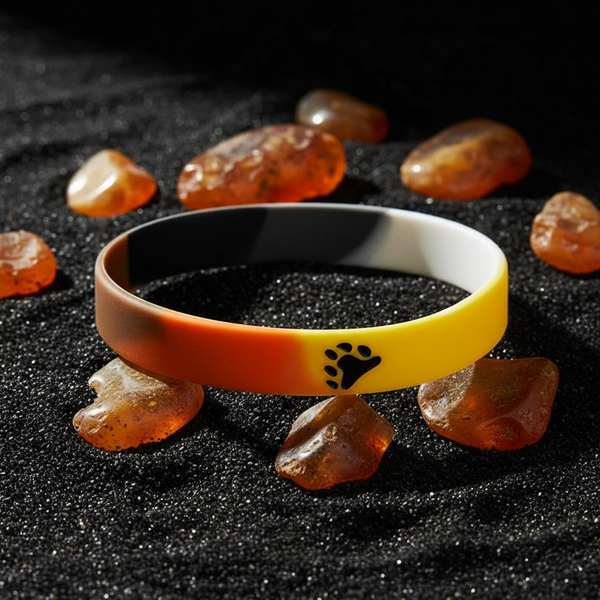 Silicone bracelet in brown, orange, and yellow tones arranged among amber-colored stones