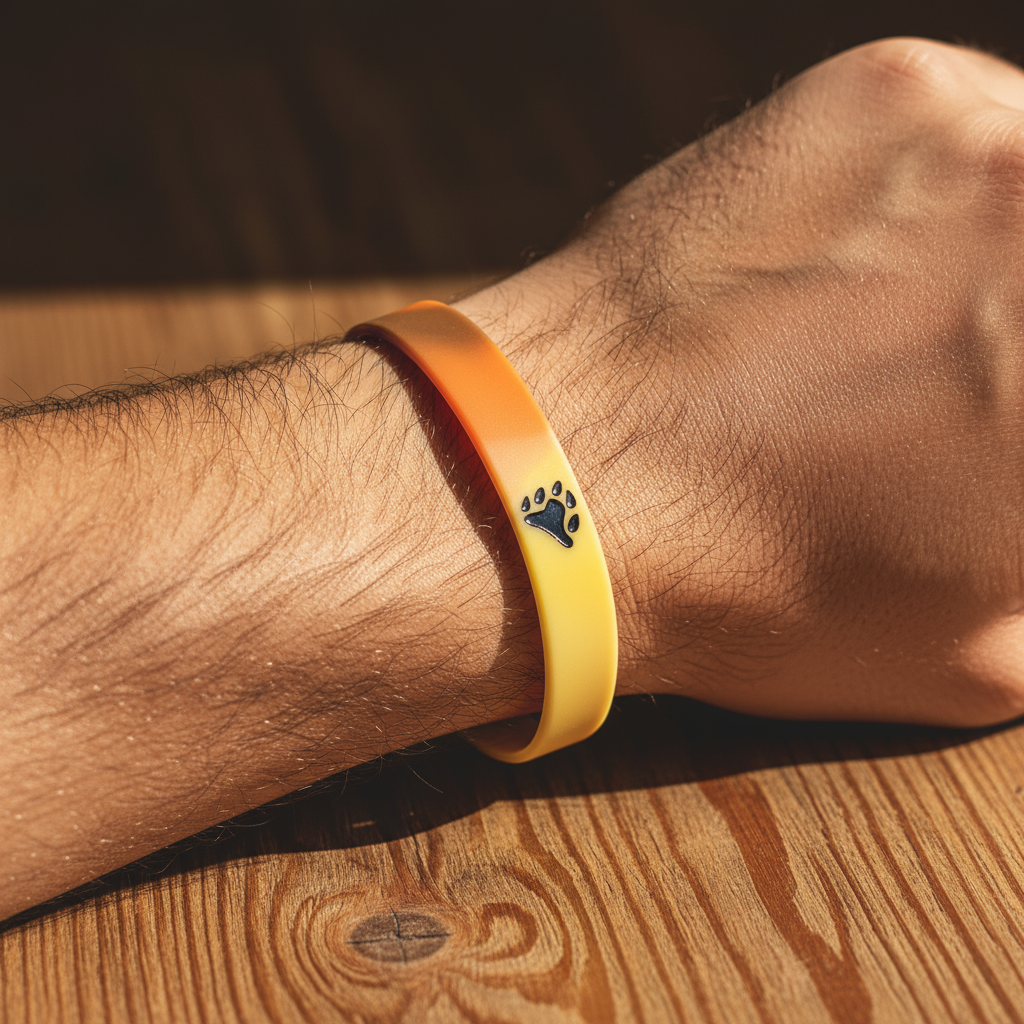 Orange silicone paw-print bracelet worn on a hairy forearm over a wooden surface