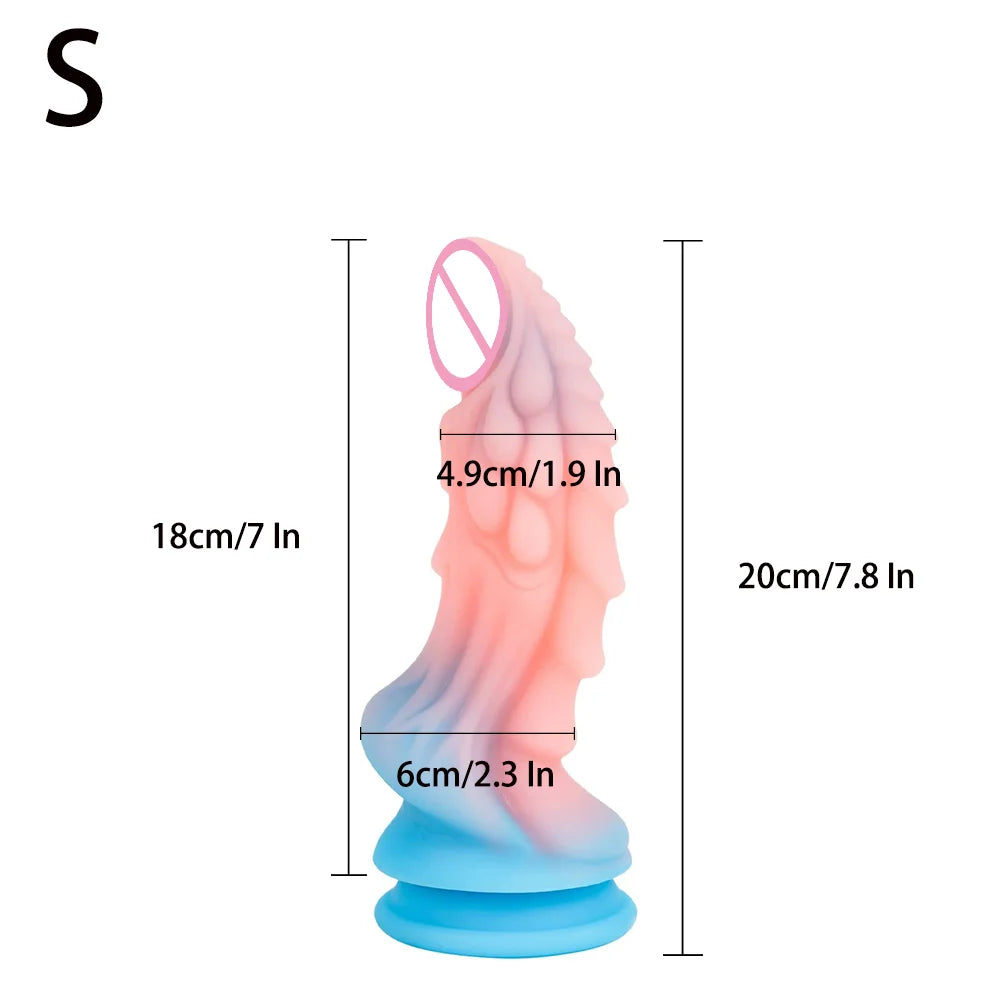 Side-view pink, white, and blue textured dildo with a suction base and size markings
