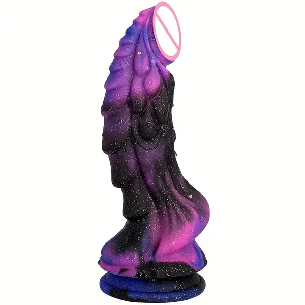 Side view of a purple-and-black tentacle-textured suction cup dildo with glitter finish