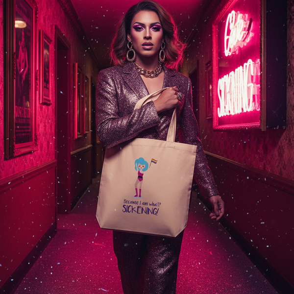 Drag performer in a glittering suit holds a tote reading “Because I am what? SICKENING!”