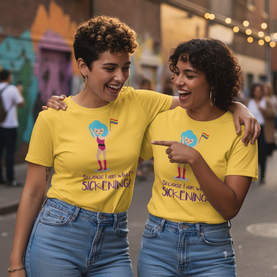 Matching bright yellow "Because I Am What? Sickening!" T-shirts with bold print and cartoon art