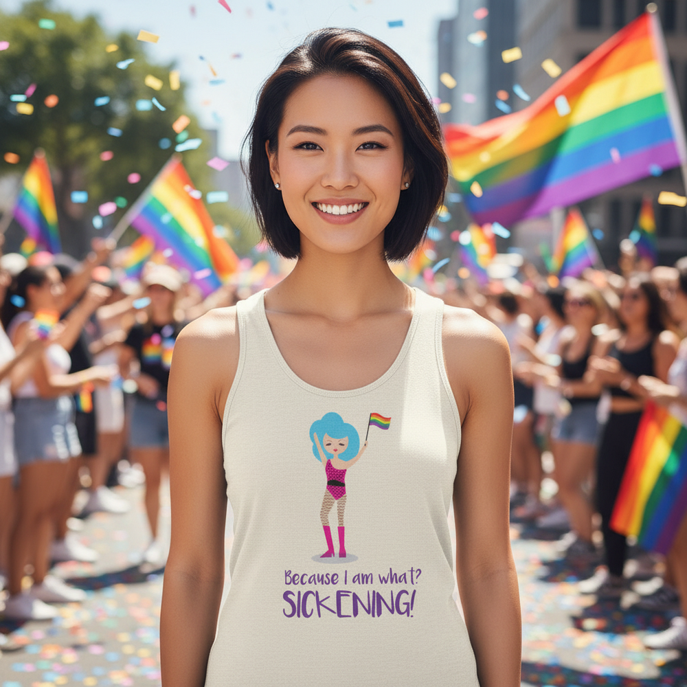 Unisex tank top with "Because I Am What? Sickening!" boldly printed, cartoon figure, rainbow flags, confetti