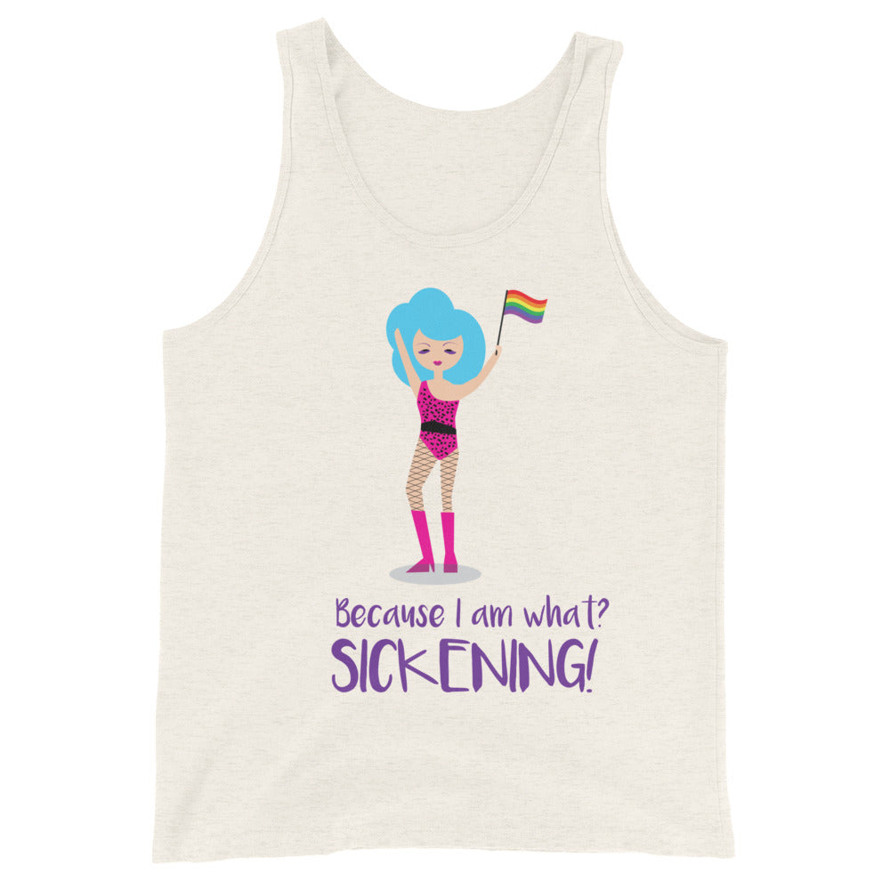 White unisex tank top with a blue-haired person in pink, rocking fishnets and a rainbow pride flag