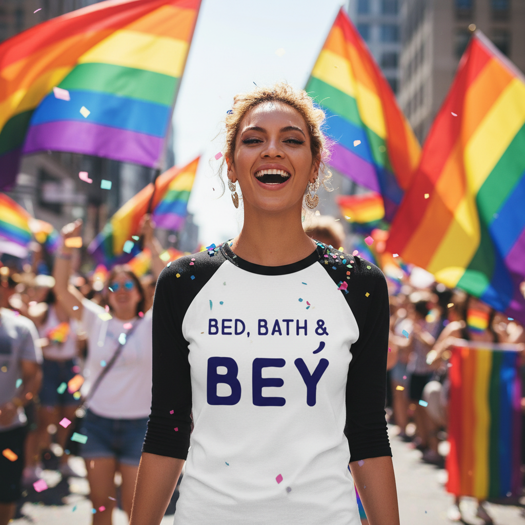 3/4 sleeve raglan shirt with "Bed, Bath & Bey" text worn by a woman at Pride; rainbow flags and confetti in the sunny crowd.