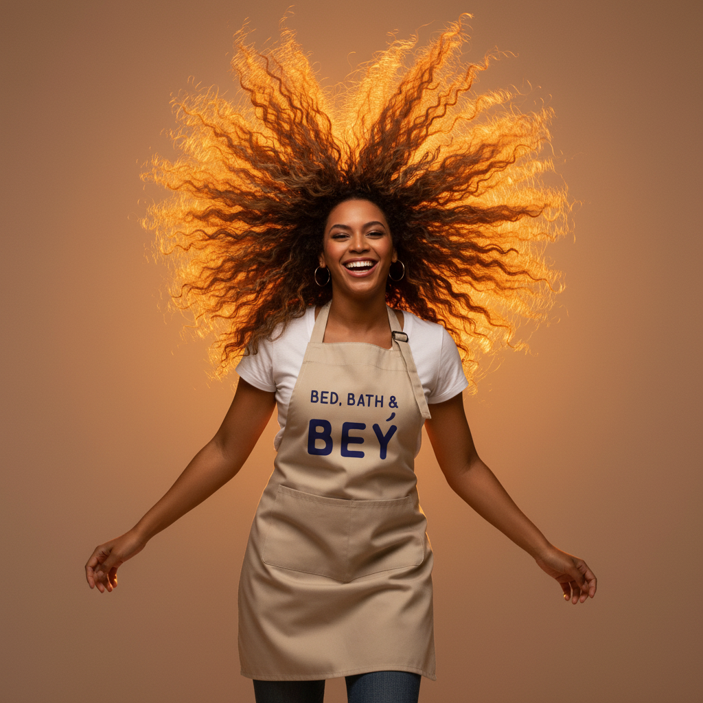 Smiling model wearing a beige apron with bold “BED, BATH & BEY” text and front pocket