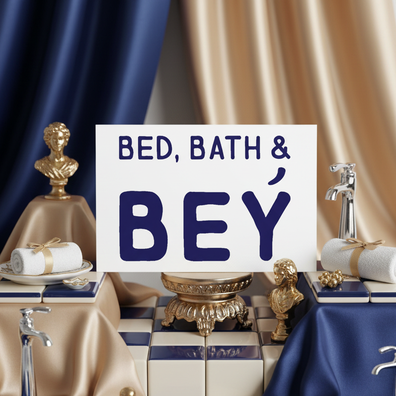 Postcard with bold navy "Bed, Bath & Bey" text, gold decor, towel rolls, faucets