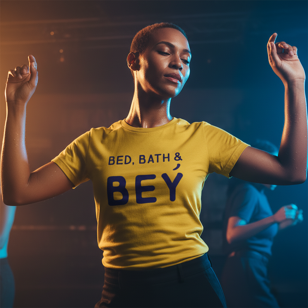 Bright yellow unisex pride tee with bold "Bed, Bath & Bey" lettering