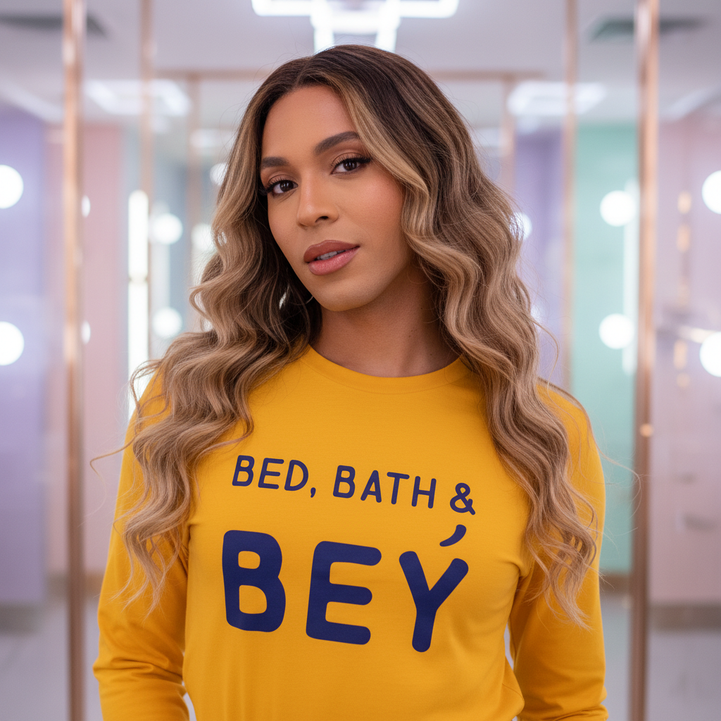 Unisex long sleeve yellow Pride tee, “BED, BATH & BEY” in blue