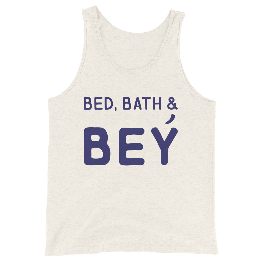 Front view of an off-white tank top reading “BED, BATH & BEY” in purple letters