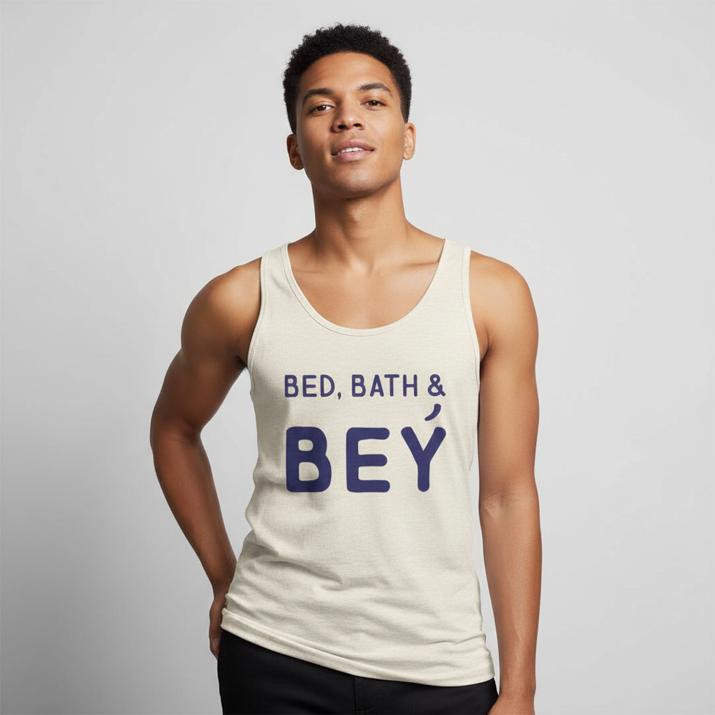 Unisex cream tank top with bold blue "BED, BATH & BEY" lettering, worn by a young man with curly hair against light gray.