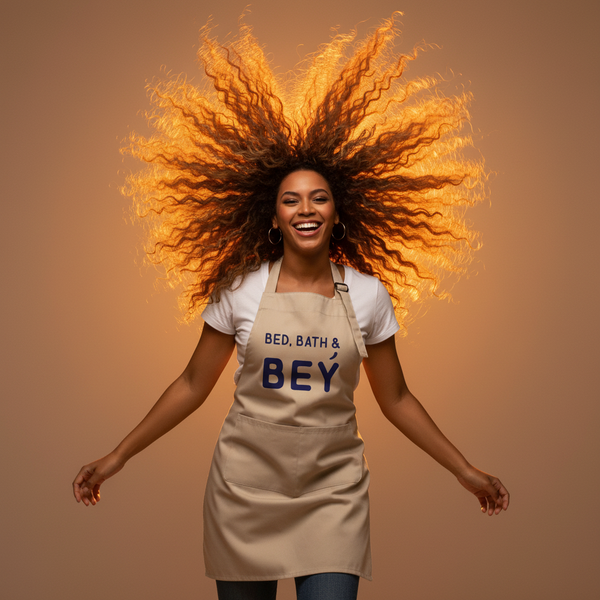 Smiling model wearing a beige apron with bold “BED, BATH & BEY” text and front pocket