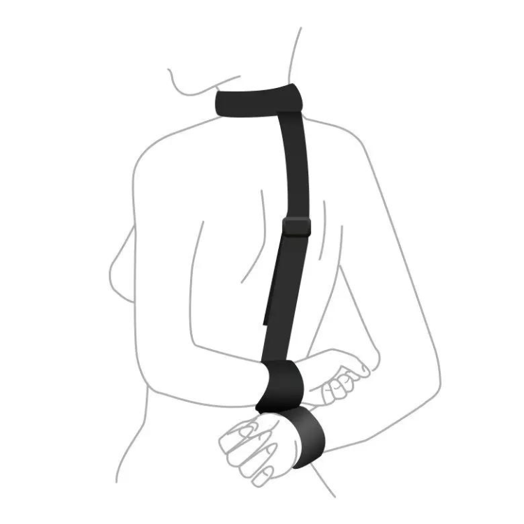 Line drawing of a person wearing black wrist and neck restraints connected by a strap