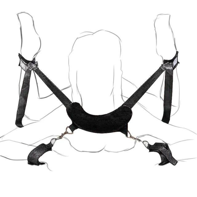 Illustration of a black bondage harness securing a person's legs and ankles