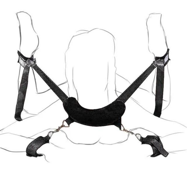 Illustration of a black bondage harness securing a person's legs and ankles