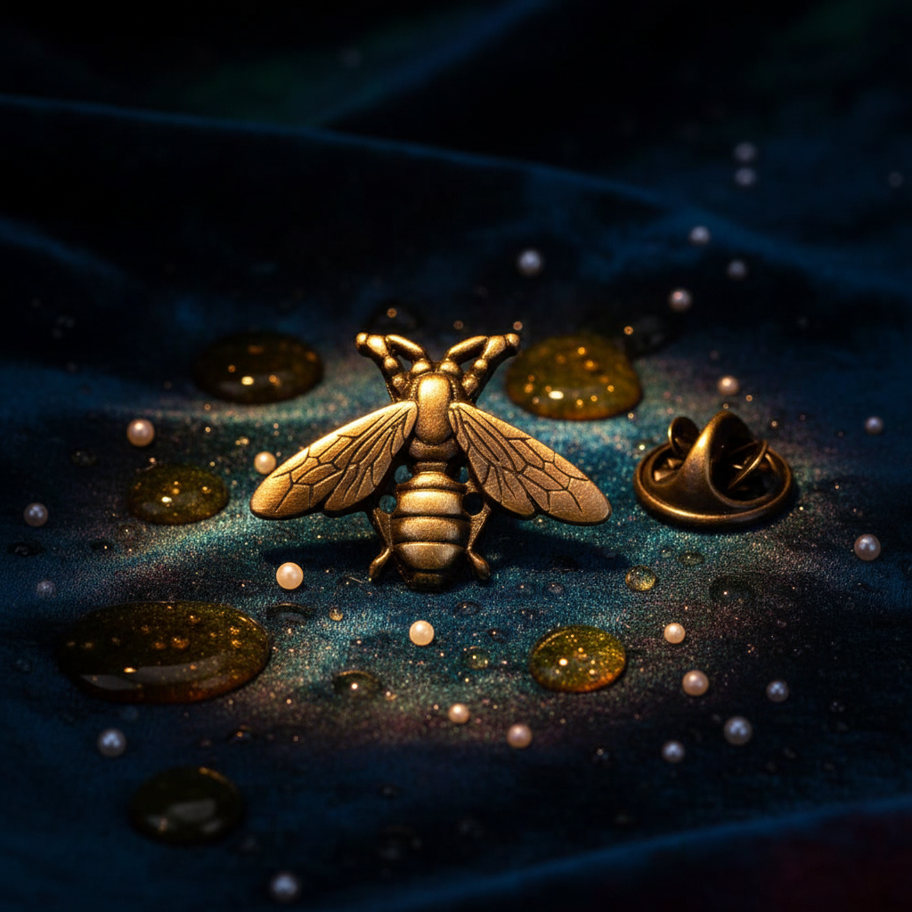 Gold bee brooch displayed on dark blue fabric with its clasp visible beside it