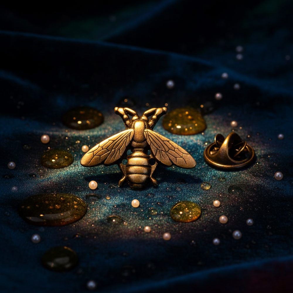 Gold bee brooch displayed on dark blue fabric with its clasp visible beside it