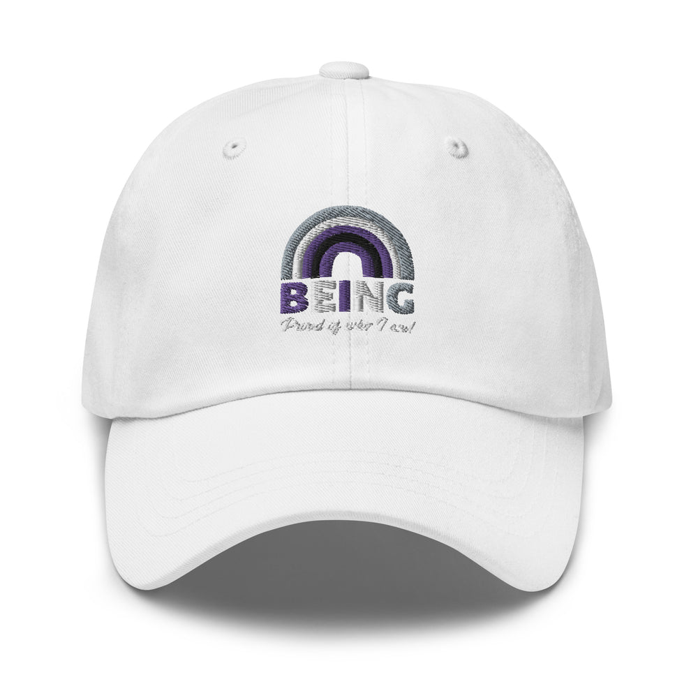 White dad hat with embroidered asexual pride rainbow (purple, gray, white), bold purple BEING