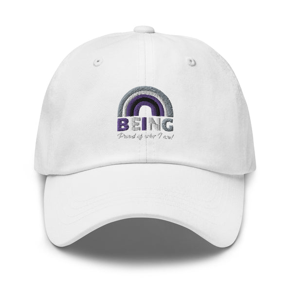 White dad hat with embroidered asexual pride rainbow (purple, gray, white), bold purple BEING