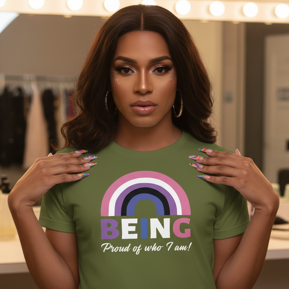 Genderfluid T-shirt in olive green with rainbow design and "Being Proud Of Who I Am!" slogan
