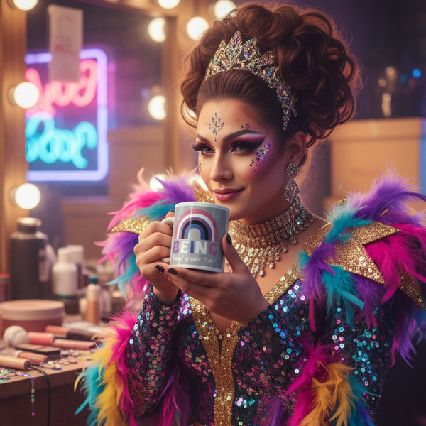 Person holding rainbow pride mug; mug with “Being Proud Of Who I Am!” design