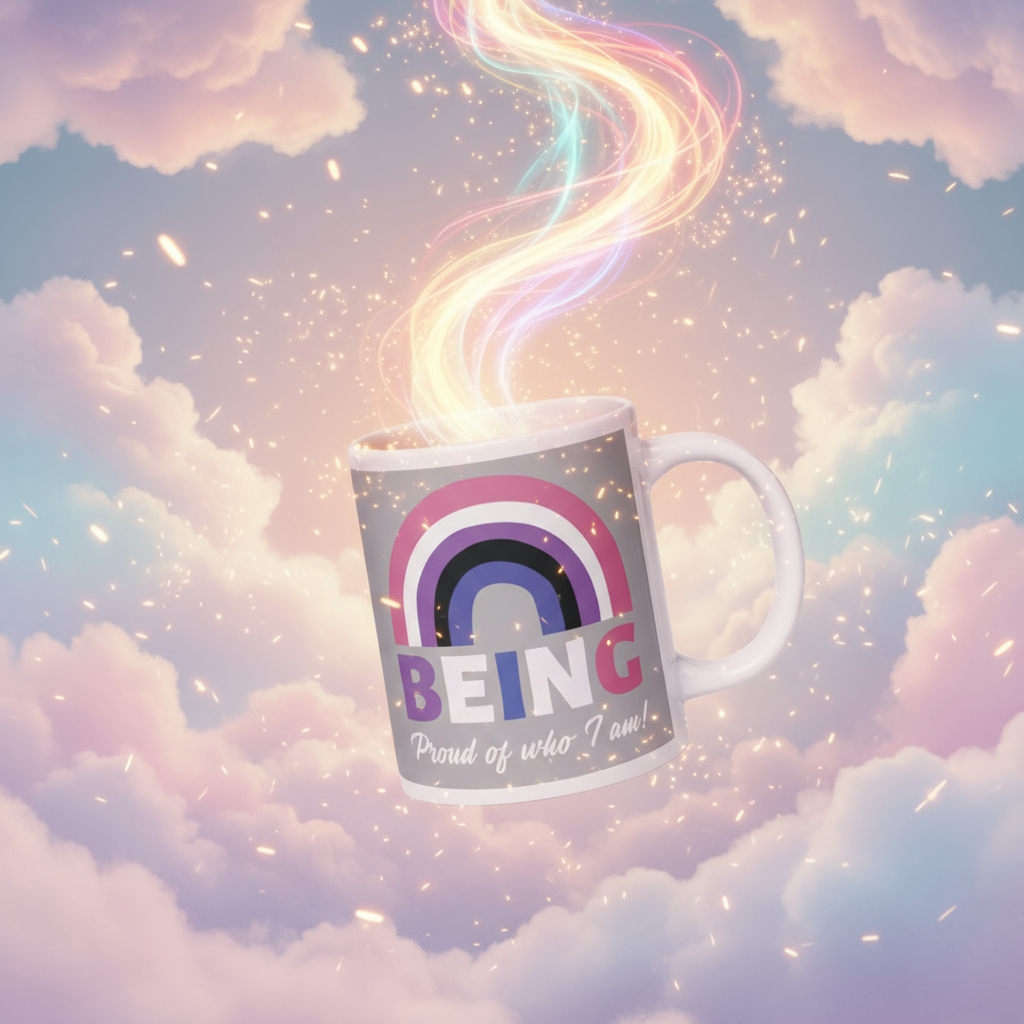 Angled white mug reading “BEING Proud of who I am!” with a rainbow design